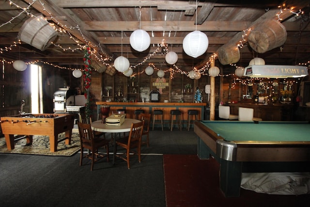 playroom featuring bar area, billiards, wood ceiling, and dark colored carpet