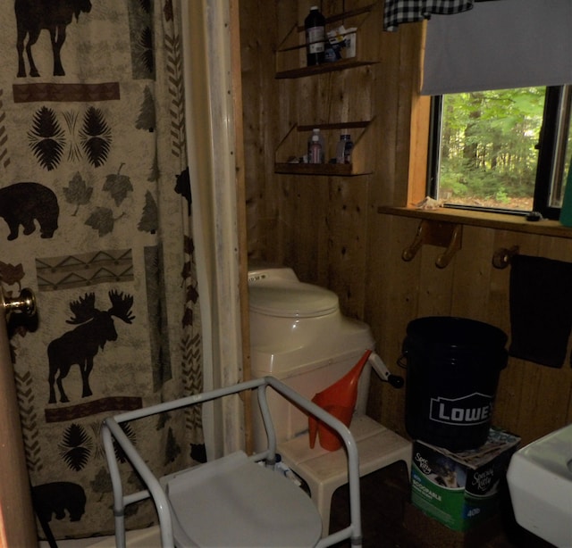 bathroom featuring wood walls