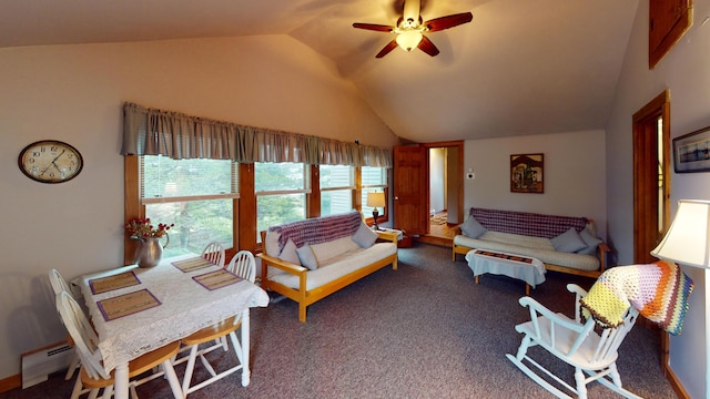 living room featuring a ceiling fan, lofted ceiling, carpet flooring, and a baseboard radiator