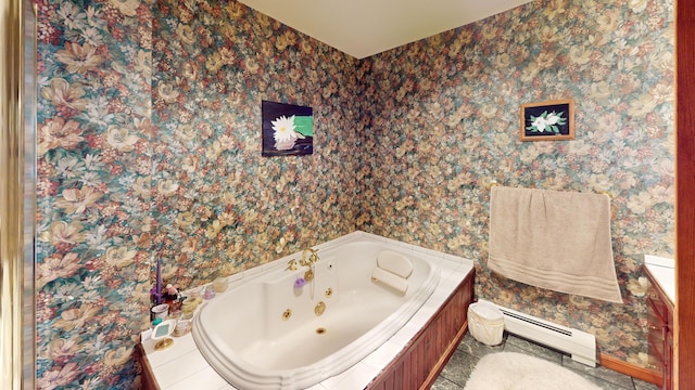 full bathroom with a jetted tub, wallpapered walls, and a baseboard radiator