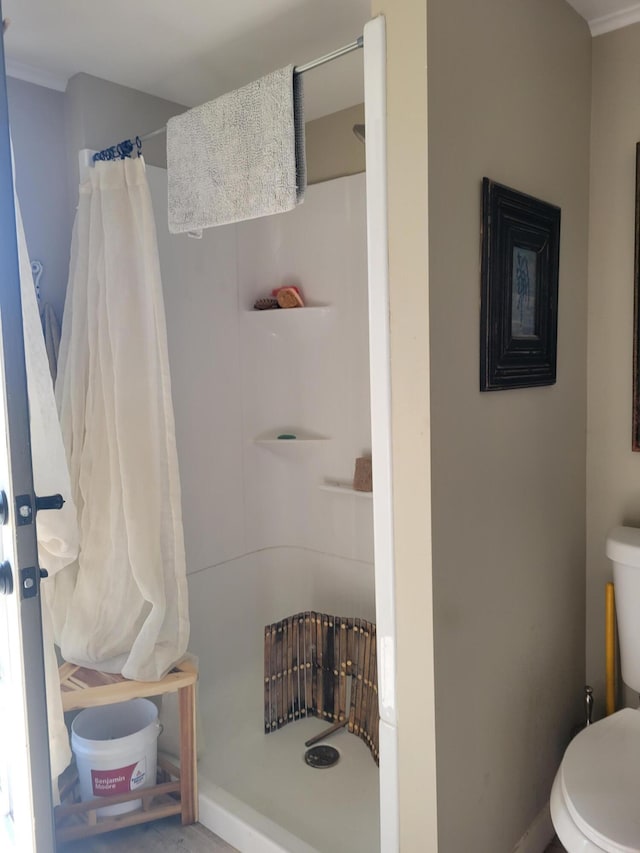 bathroom featuring toilet and curtained shower