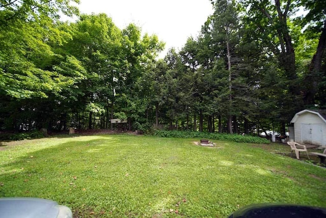 view of yard featuring a shed and a fire pit