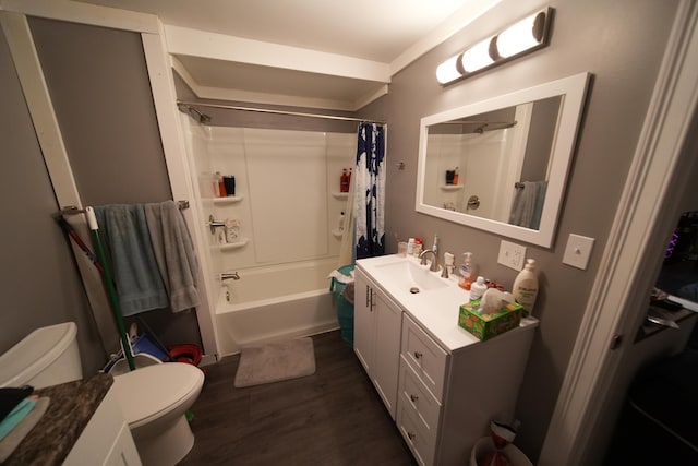 full bathroom featuring large vanity, toilet, shower / bath combo, and hardwood / wood-style floors