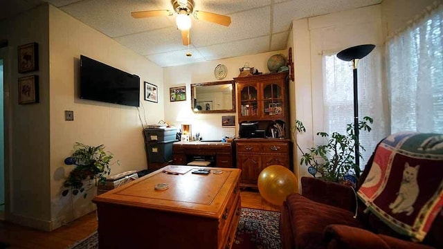 office featuring wood-type flooring, ceiling fan, and a paneled ceiling