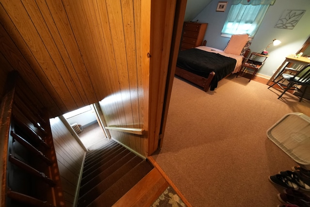 stairway featuring lofted ceiling and carpet floors