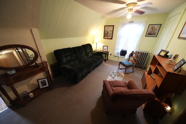 living room with lofted ceiling, carpet flooring, ceiling fan, and radiator