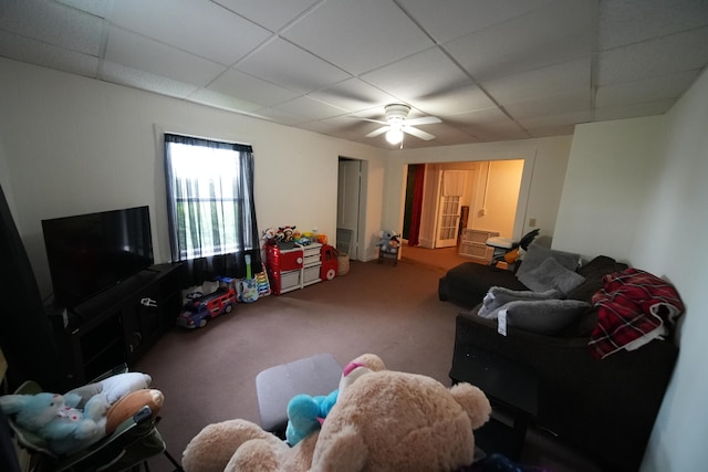 carpeted living room with ceiling fan and a paneled ceiling