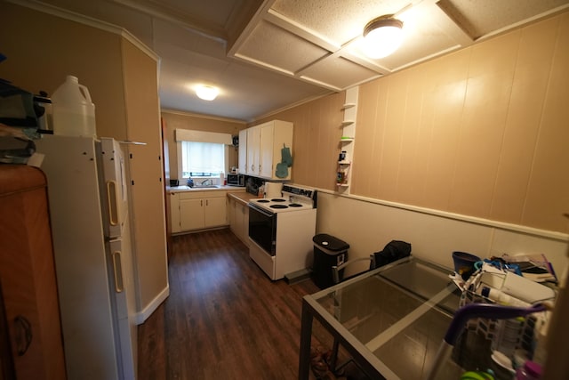 kitchen featuring dark hardwood / wood-style floors, white cabinetry, white appliances, and sink