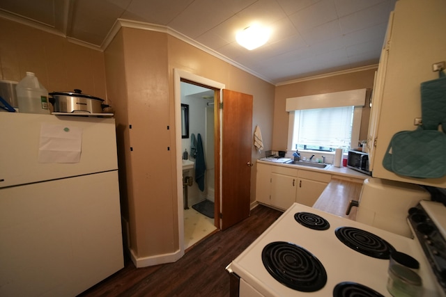 kitchen with dark wood-type flooring, white refrigerator, stove, sink, and ornamental molding