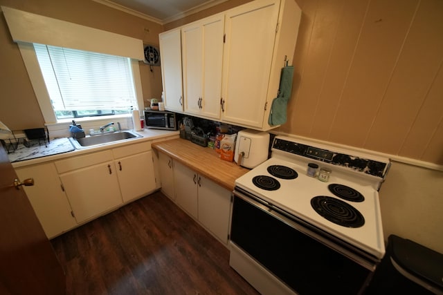 kitchen featuring electric stove, sink, crown molding, dark hardwood / wood-style flooring, and white cabinetry