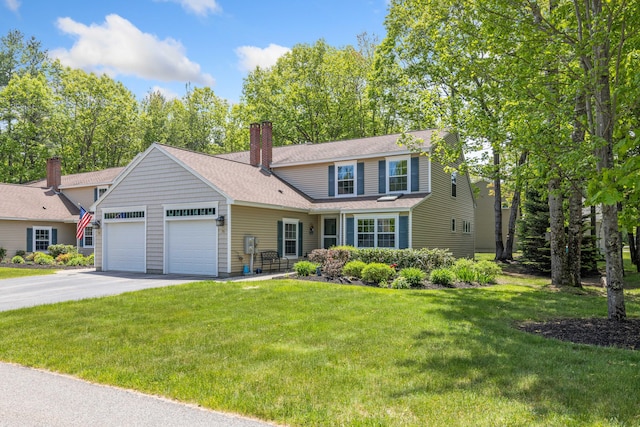 76 Heritage Dr Unit 5, Wells, ME 04090 - view of front of home featuring a garage, a front yard, driveway, a chimney, and a shingled roof