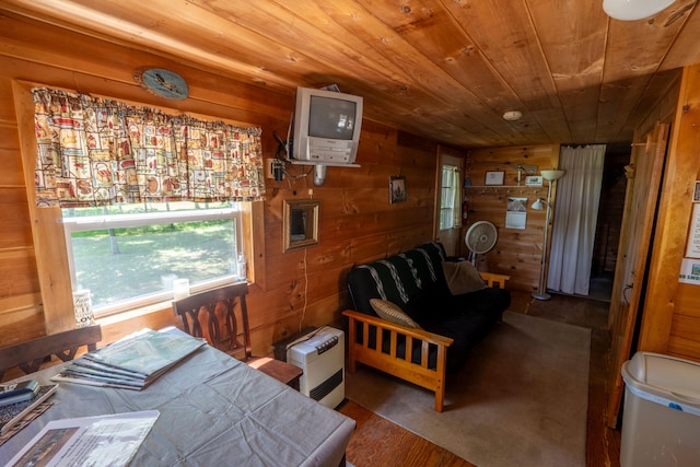 interior space featuring wooden walls and wooden ceiling