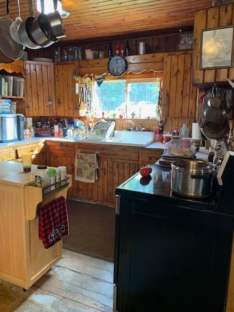 kitchen featuring wood walls, black electric range, wood ceiling, and sink