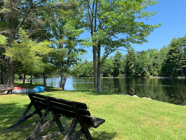 view of property's community with a lawn and a water view