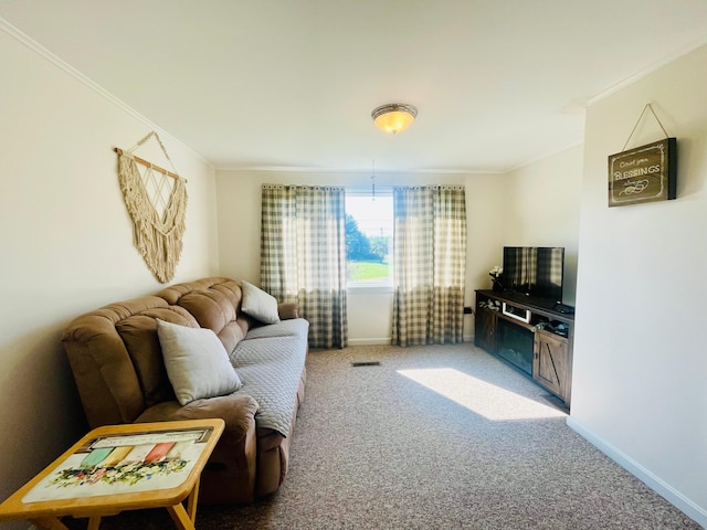 carpeted living room with crown molding