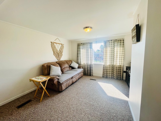 living room with carpet flooring and crown molding