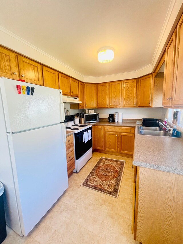 kitchen with light tile flooring, crown molding, white appliances, and sink