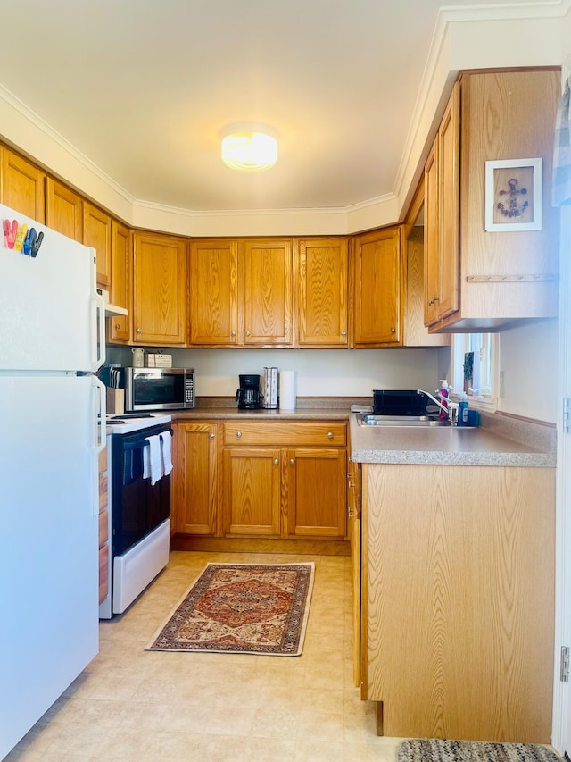 kitchen with light tile floors, white appliances, sink, and crown molding