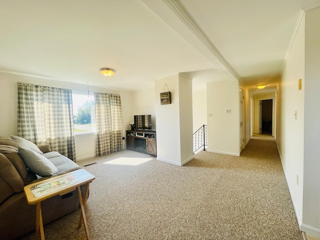 living room featuring light carpet and crown molding