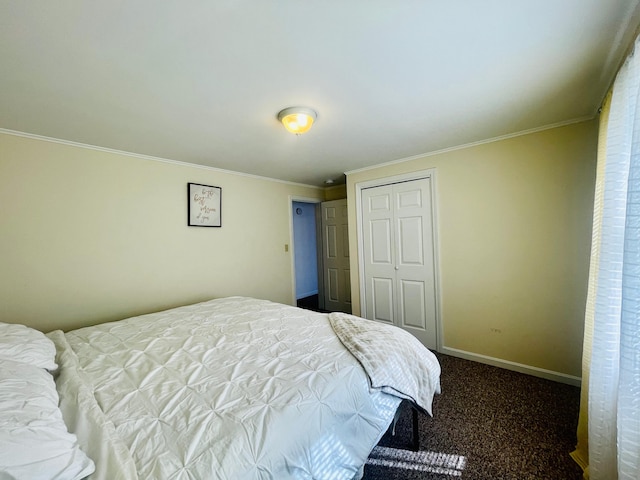 bedroom with carpet flooring, a closet, and ornamental molding