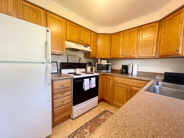 kitchen with ornamental molding, white appliances, light tile flooring, and sink