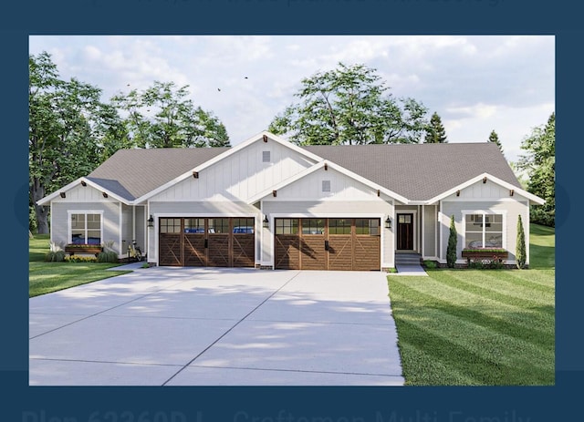 view of front of property with a garage, a front yard, driveway, and board and batten siding