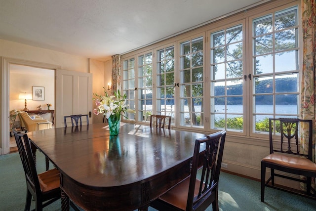 dining space featuring dark carpet and a water view