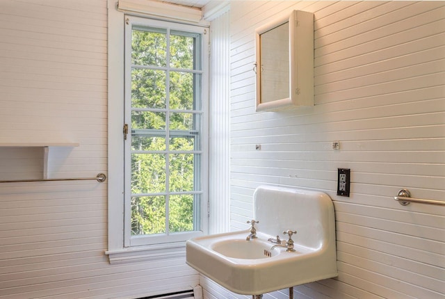 bathroom featuring wood walls