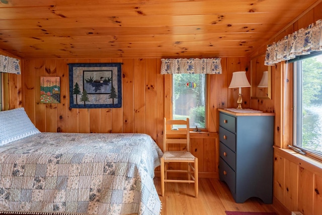 228 Starbird Ln, Rome, ME 04963 - bedroom with light wood finished floors, multiple windows, wood ceiling, and wood walls
