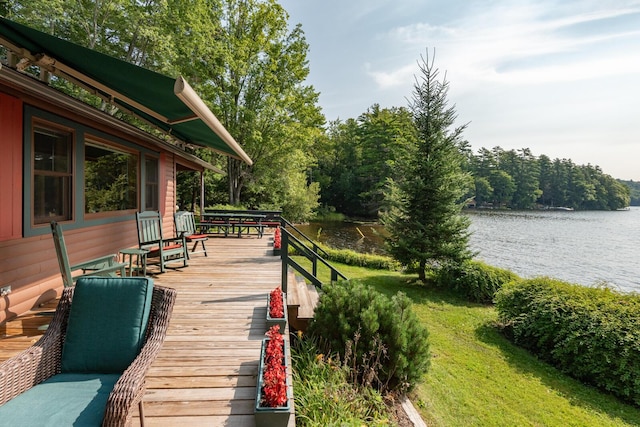 228 Starbird Ln, Rome, ME 04963 - wooden terrace with a water view and a yard