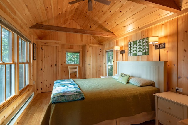 228 Starbird Ln, Rome, ME 04963 - bedroom with a baseboard radiator, wood walls, wood finished floors, and wooden ceiling