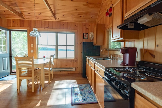 228 Starbird Ln, Rome, ME 04963 - kitchen featuring black appliances, under cabinet range hood, a sink, a baseboard heating unit, and wooden ceiling