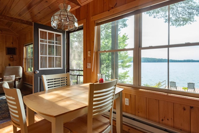 228 Starbird Ln, Rome, ME 04963 - sunroom with healthy amount of natural light, a baseboard radiator, a water view, and lofted ceiling