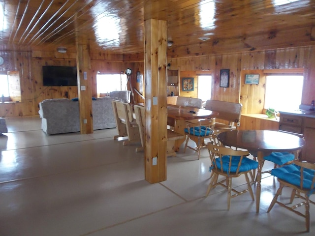 dining area featuring wooden walls and a wealth of natural light