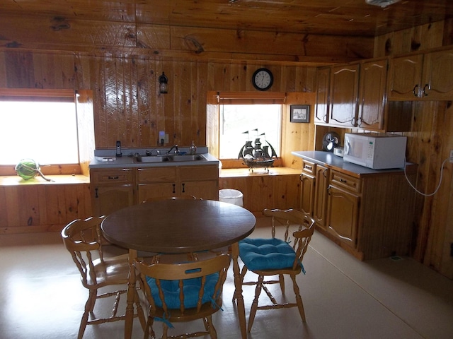 kitchen with sink, plenty of natural light, wood walls, and wood ceiling