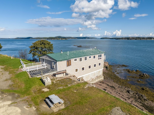 aerial view featuring a water view