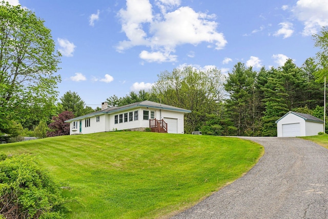 7 Alweber Rd, Windham, ME 04062 - ranch-style house featuring an outbuilding, a garage, a front yard, and a chimney