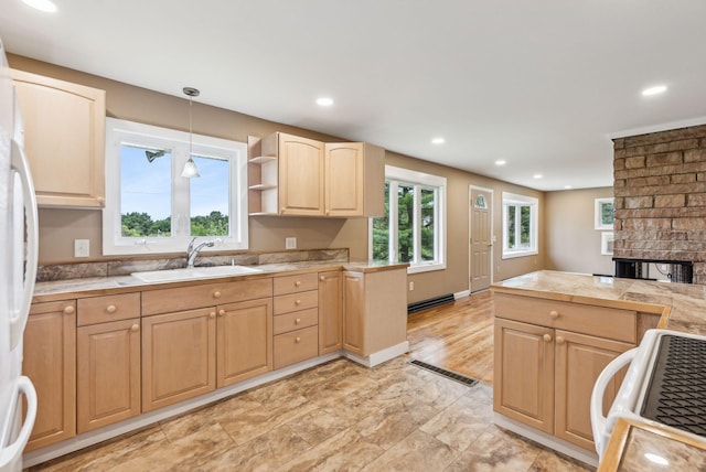 7 Alweber Rd, Windham, ME 04062 - kitchen with a sink, light brown cabinets, white fridge, pendant lighting, and range