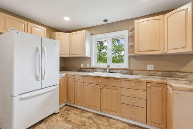 7 Alweber Rd, Windham, ME 04062 - kitchen featuring freestanding refrigerator, light brown cabinetry, and recessed lighting