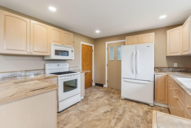 7 Alweber Rd, Windham, ME 04062 - kitchen featuring white appliances, light brown cabinets, light countertops, and recessed lighting