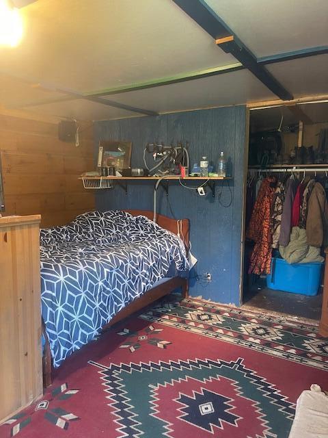 bedroom featuring wood walls, carpet, and a closet