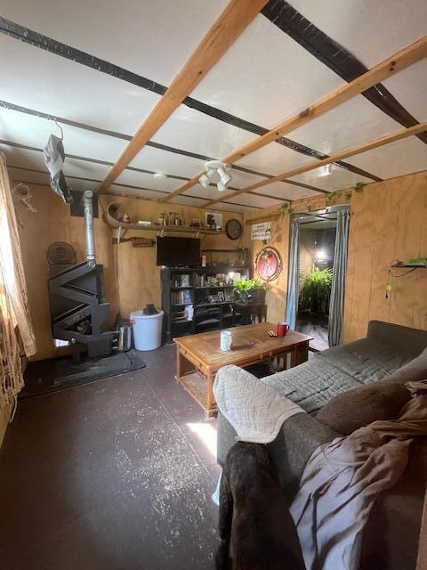 living room featuring a wood stove and ceiling fan