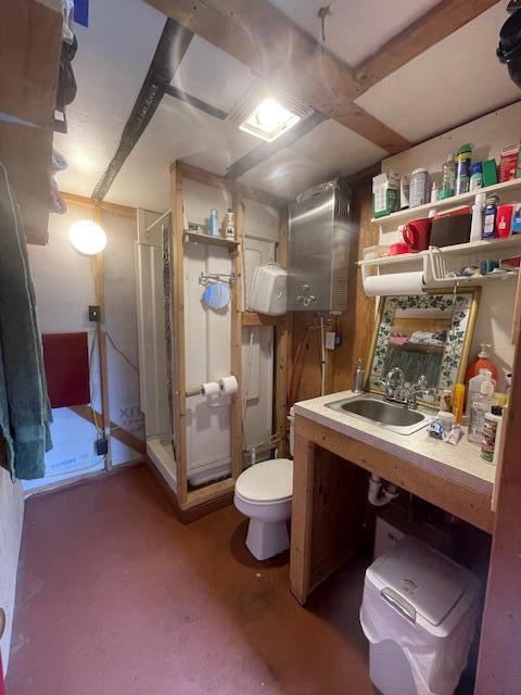 bathroom with walk in shower, concrete flooring, toilet, and vanity