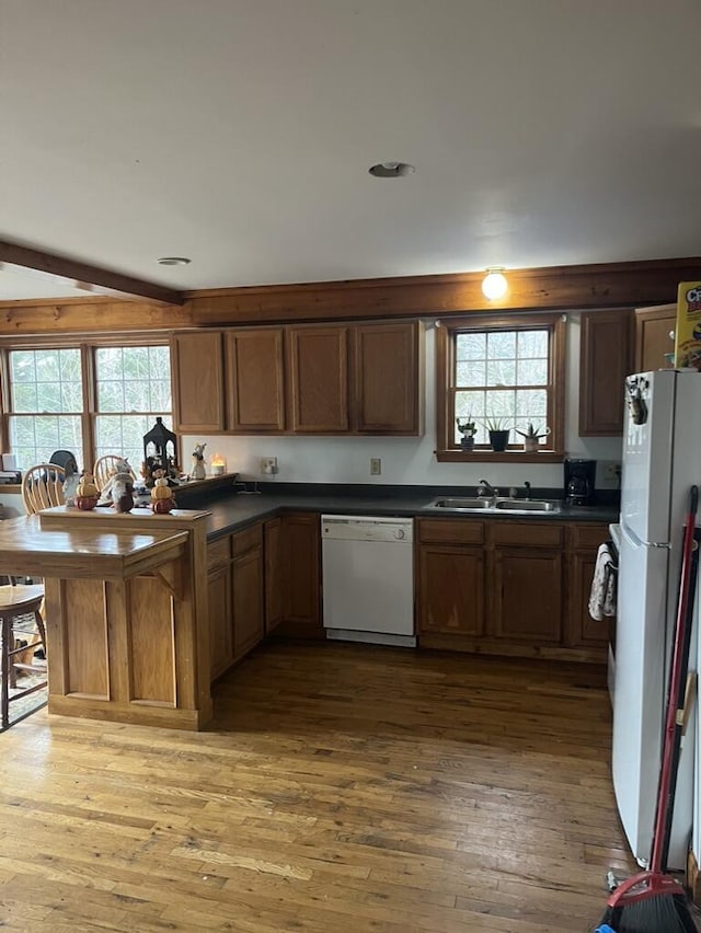kitchen with hardwood / wood-style flooring, a wealth of natural light, dark countertops, and white appliances