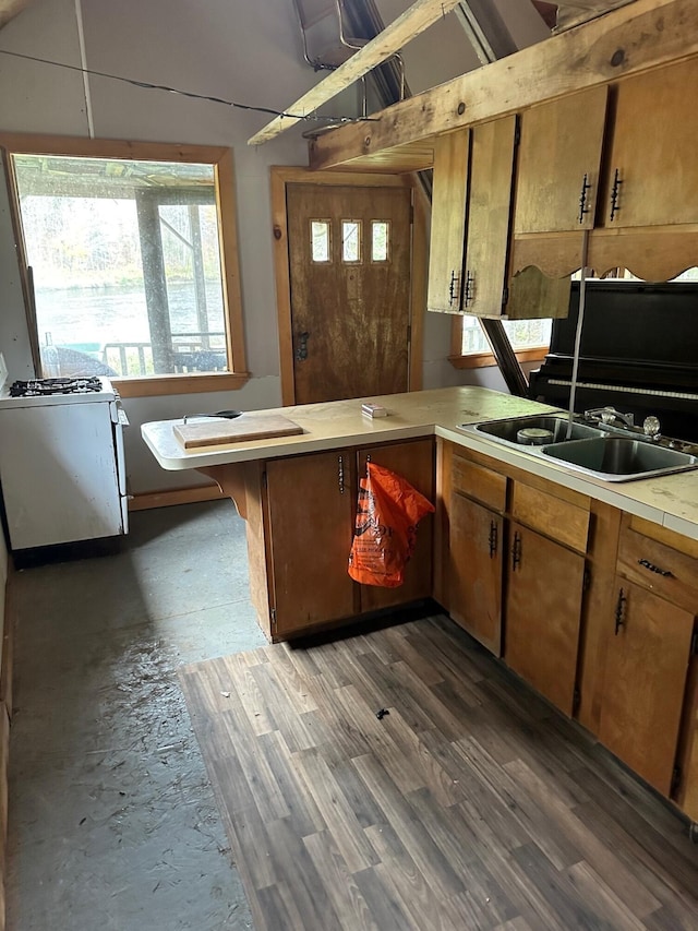 kitchen featuring dark hardwood / wood-style floors, gas range, kitchen peninsula, and sink