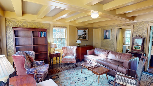 living room with beamed ceiling