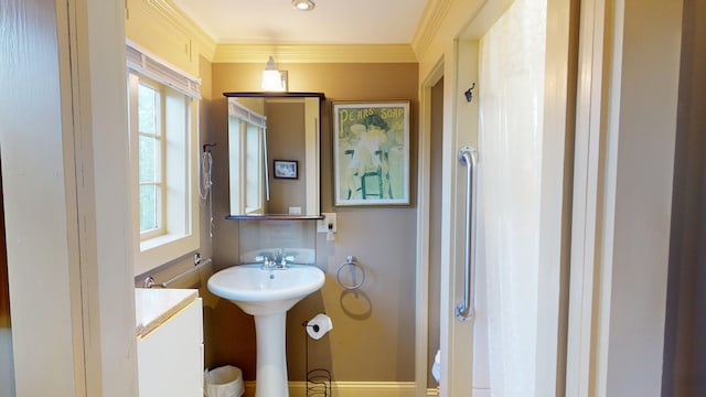 bathroom with plenty of natural light, ornamental molding, and sink