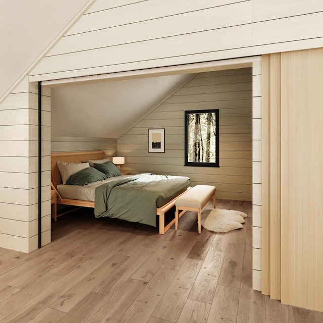 bedroom featuring light hardwood / wood-style flooring, wooden walls, and lofted ceiling