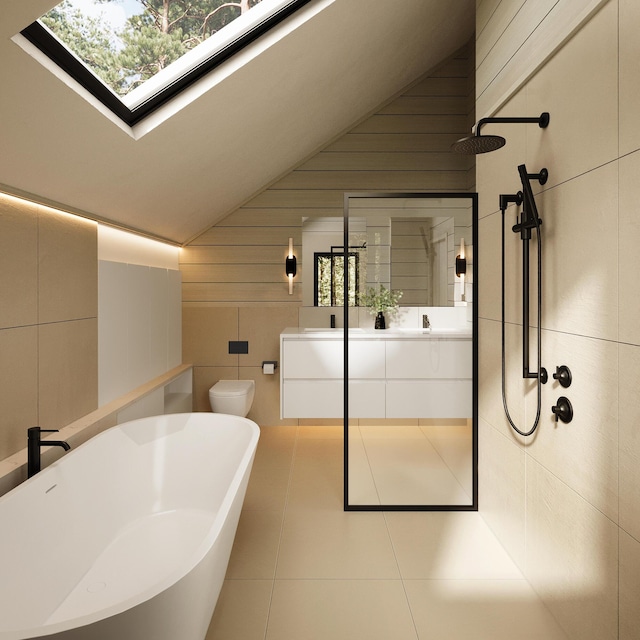 full bathroom featuring lofted ceiling, tile patterned flooring, wood walls, vanity, and plus walk in shower