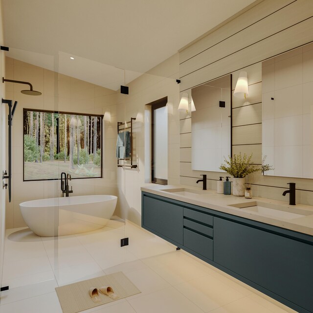 bathroom featuring lofted ceiling, shower with separate bathtub, tile walls, vanity, and tile patterned flooring